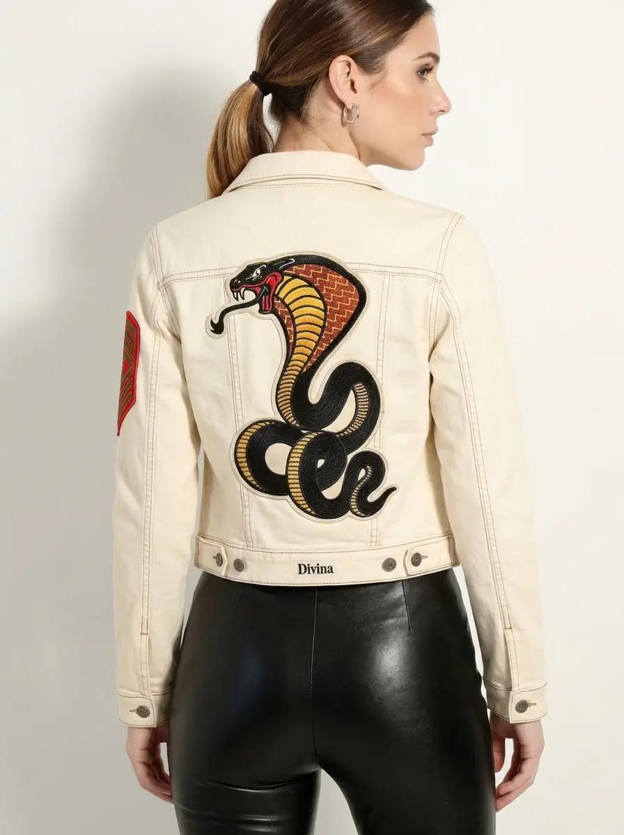 Mujer con campera de cuero bordada