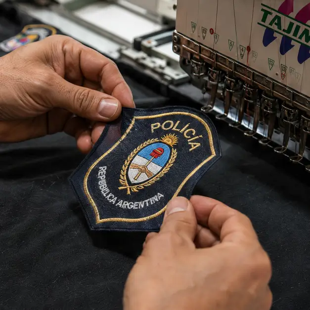 Manos sosteniendo un escudo bordado de la Policía frente a una máquina Tajima