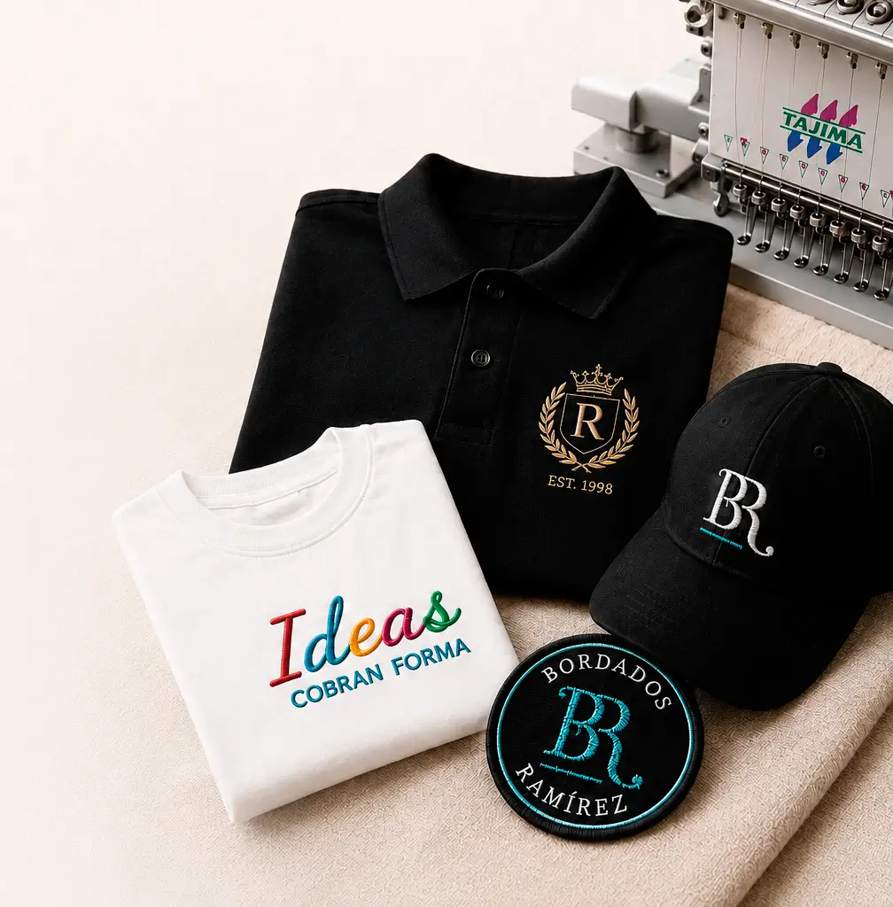 Chomba, buzo, gorra y escudo bordados junto a una máquina de bordado